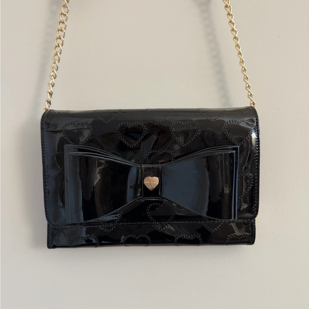 Betsey‎ Johnson Black Patent Leather Coquette Y2K Shoulder Bag Evening Bow Purse